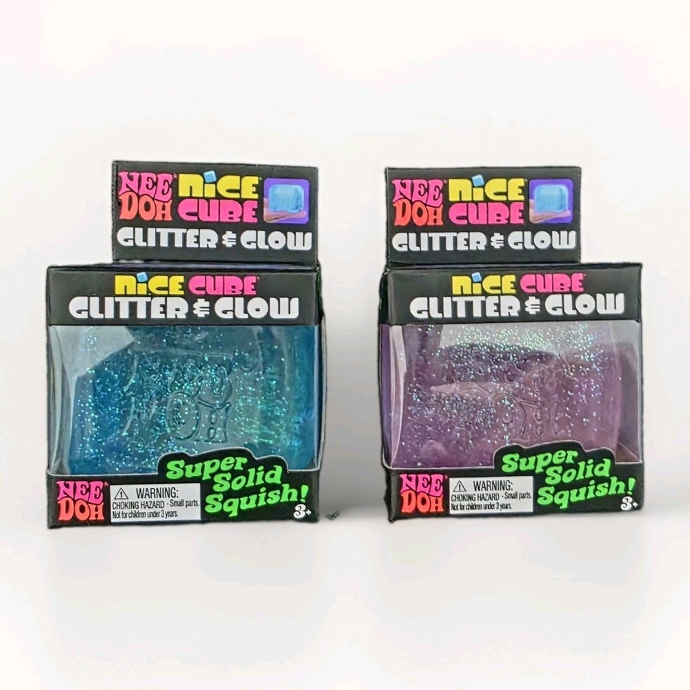 2x Nee Doh Nice Cube Glitter & Glow Super Solid Squish NIB Blue/ Purple / Pink